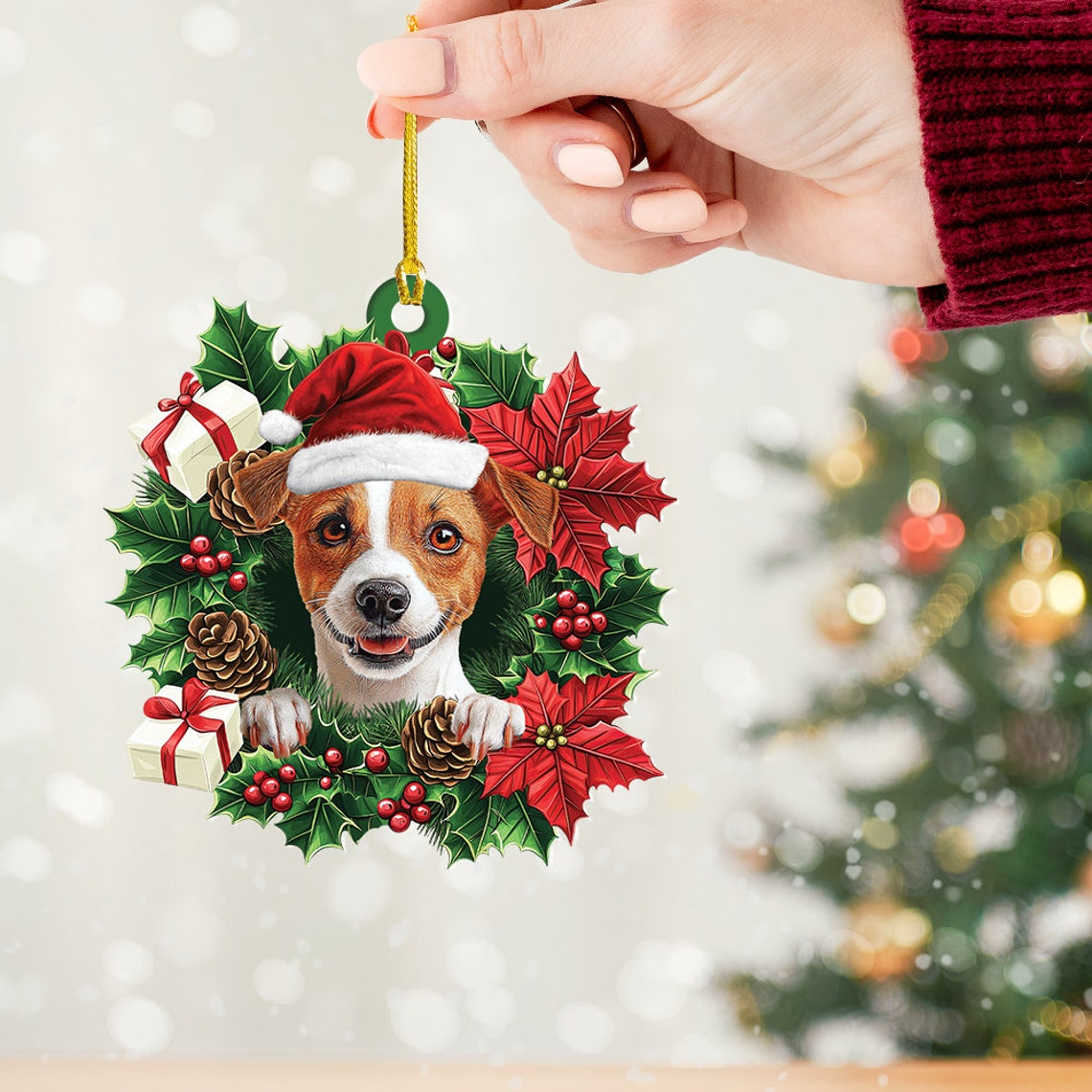 Jack Russell Terrier Dog Christmas Wreath Ornament, Jack Russell Terrier Dog Christmas Ornament