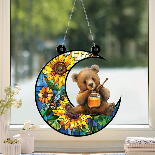 Cute Bear with Jar of Honey Hanging Suncatcher, Bear On Moon Window Hanging Ornament