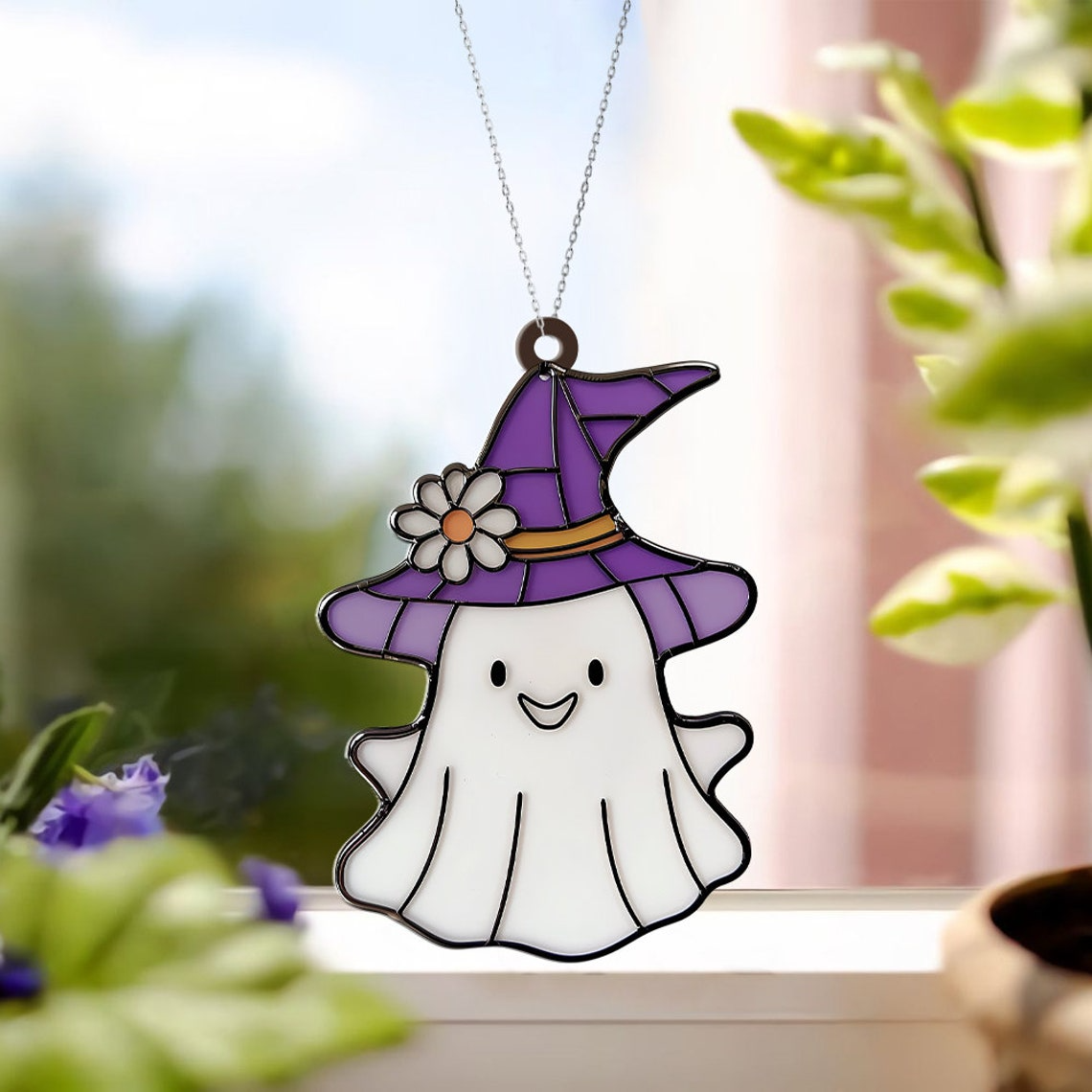 Cute Ghost Witch Funny Halloween Suncatcher, Halloween Witch Boo Hanging Ornament