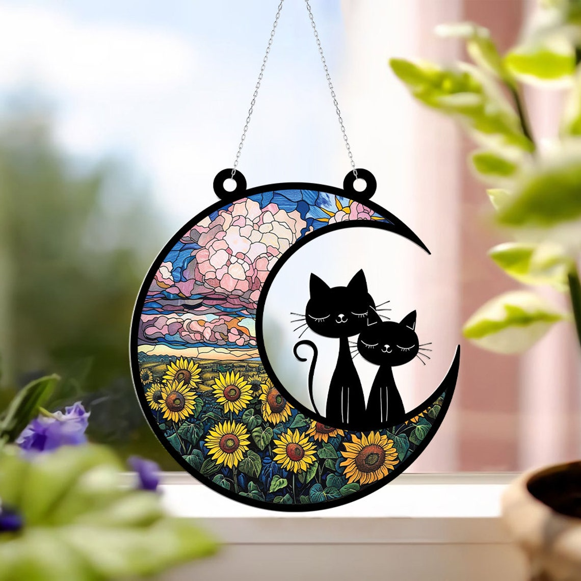 Cat Couple on the Moon Suncatcher, Cat Couple Window Hanging Decor Ornament