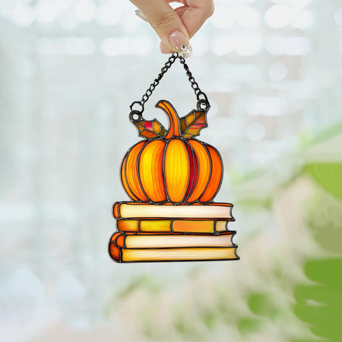 Classic Pumpkin Books Suncatcher, Halloween Pumpkin Ornament Gift