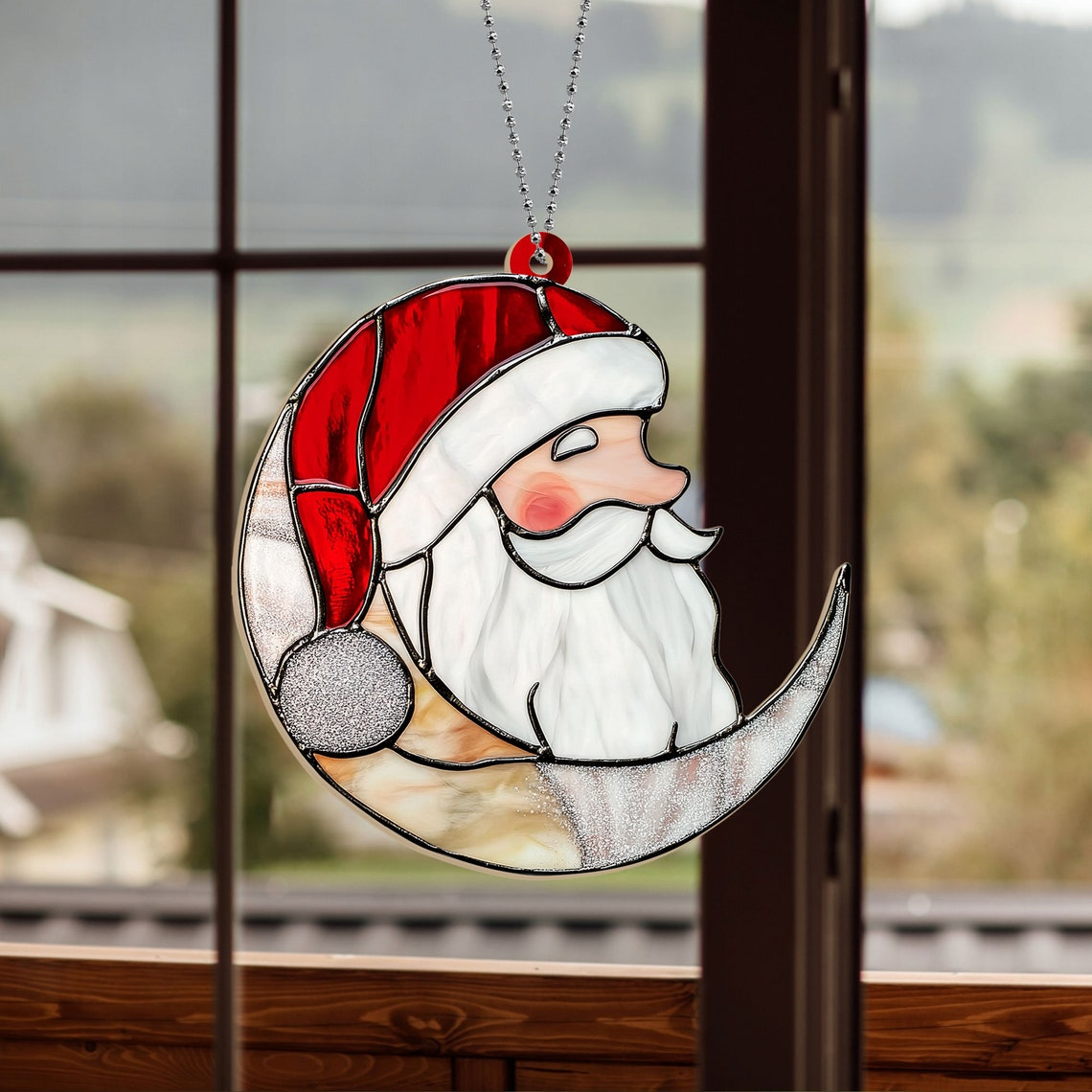 Santa Face on the Moon Suncatcher Ornament, Santa Claus Hanging Christmas Ornament