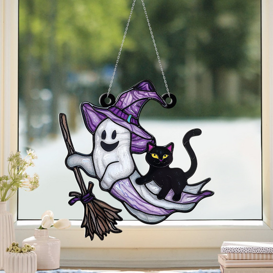 Ghost Witchy and Cat Ghost Halloween Suncatcher, Halloween Ghost Cat Hanging Ornament