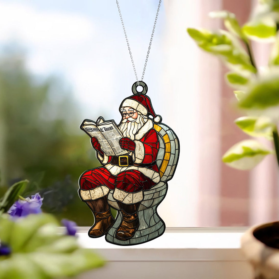 Funny Santa Claus in Bathroom Christmas Suncatcher, Santa Claus in Toilet Hanging Ornament