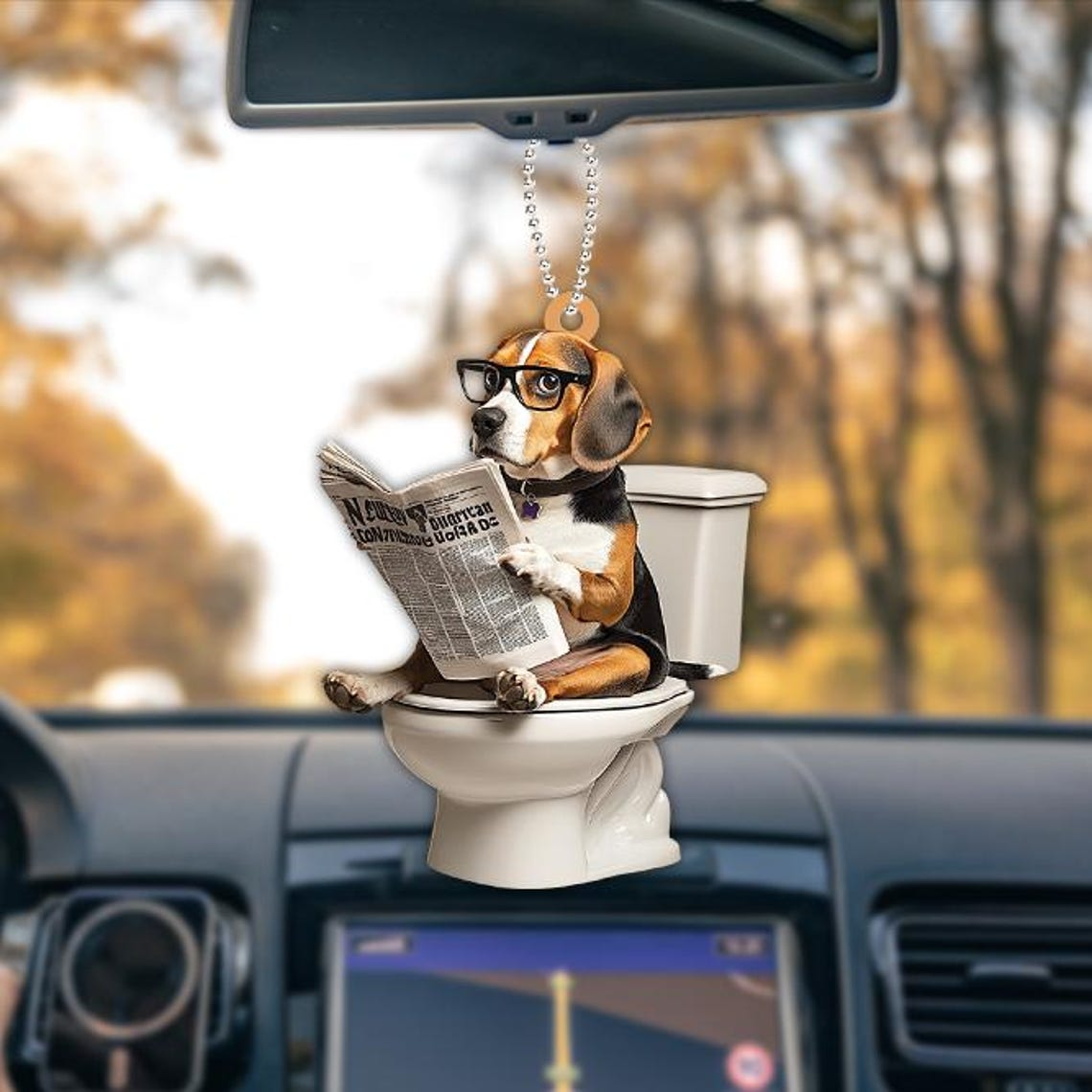 Funny Beagle Dog Sitting On Toilet Ornament, Beagle Dog Reading Newspaper Ornament