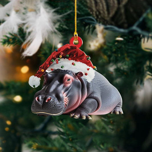 Cute Baby Hippo Moo Deng Christmas Ornament, Christmas Hippo Rearview Mirror Car Ornament