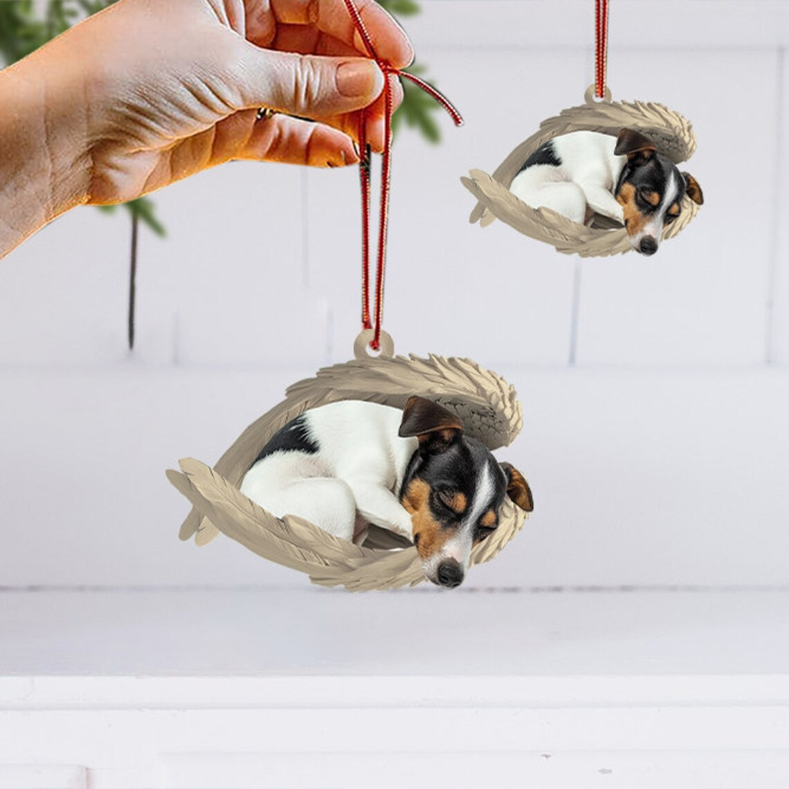 Rat Terrier Dog Sleeping Angel Wings Hanging Ornament, Rat Terrier Dog Christmas Ornament Decor Gift