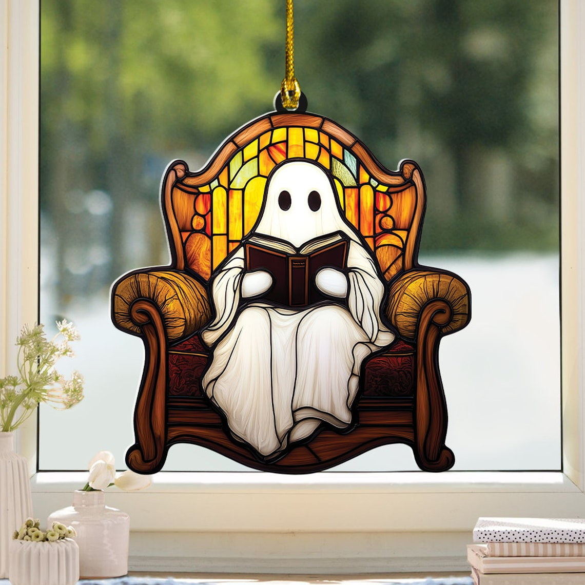 Halloween Ghost Reading Books Suncatcher, Ghost Read Book on The Chair Ornament