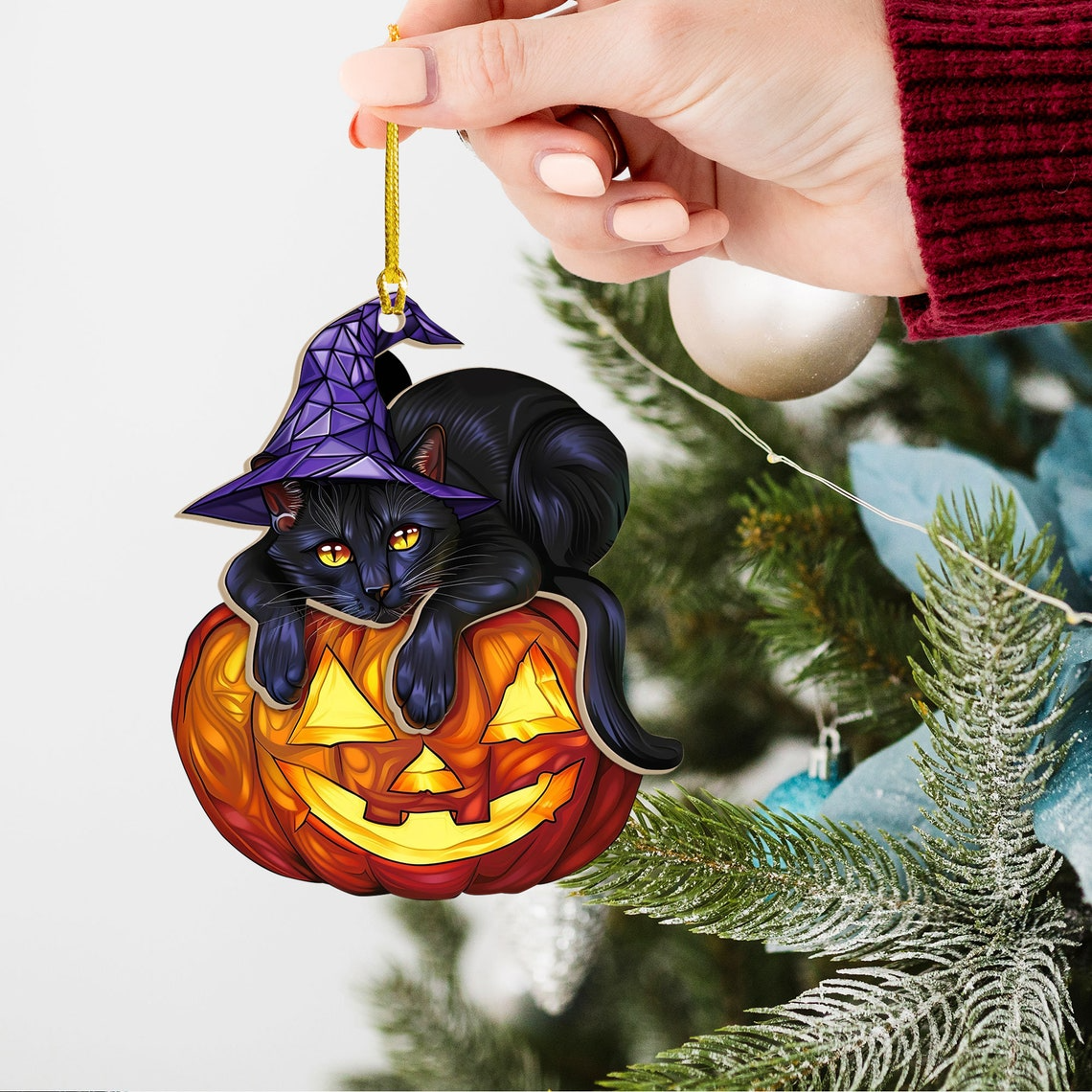 Cat Witchy Lying on the Pumpkin Halloween Hanging Suncatcher, Cat Hanging Ornament Halloween Decor