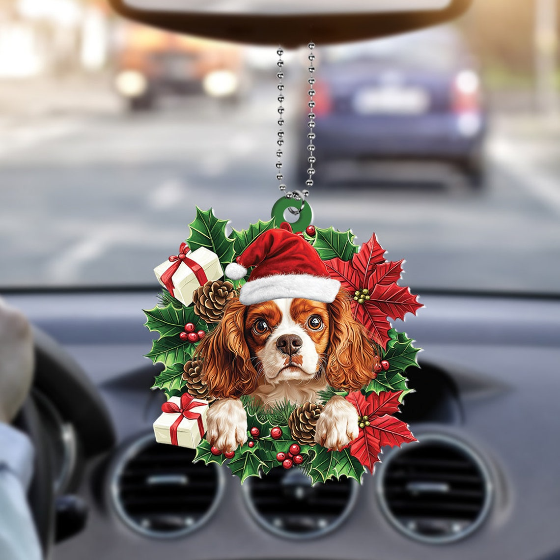 Cavalier King Charles Spaniel Dog Christmas Wreath Ornament, Cavaliers Dog Car Hanging Christmas Decor Ornament