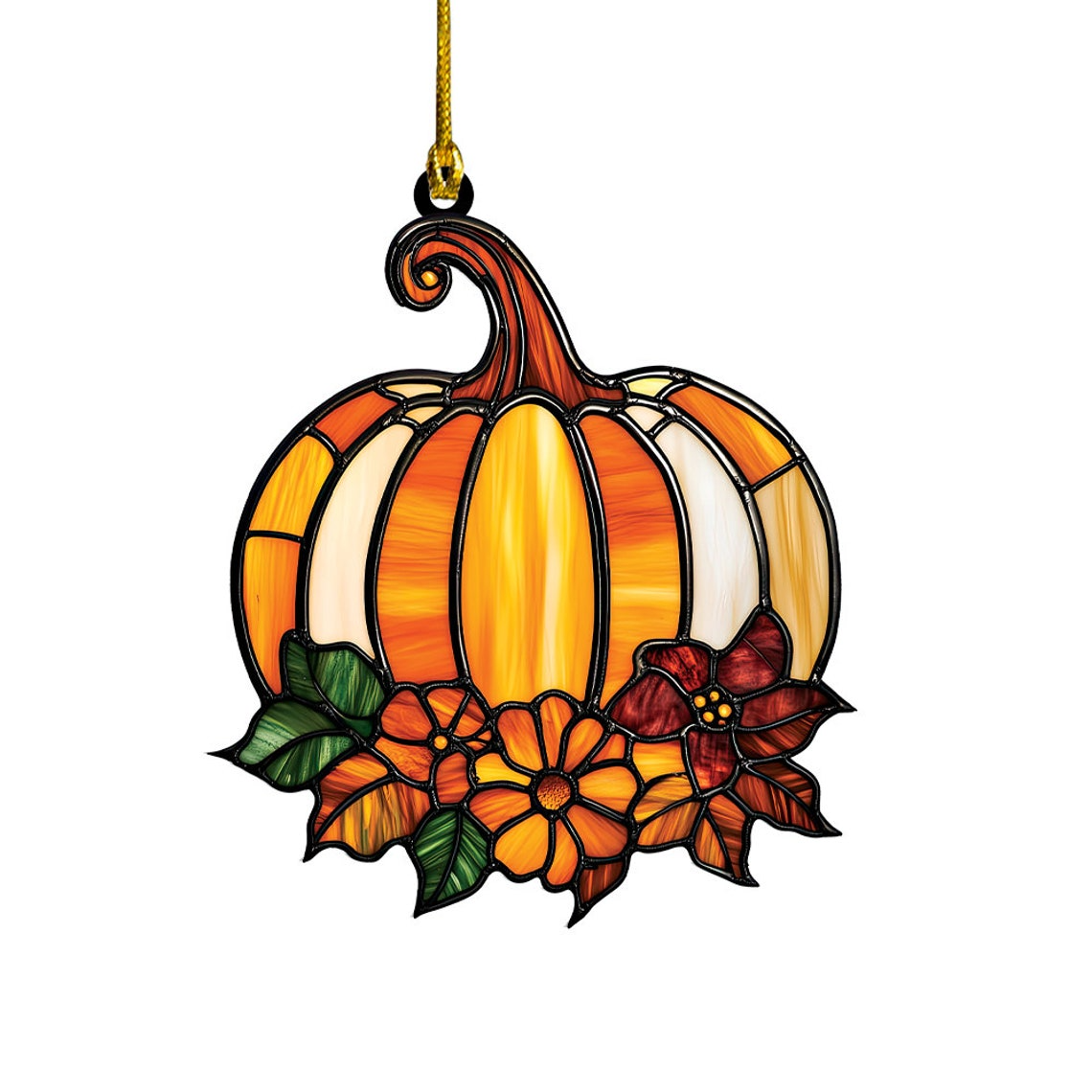 Pumpkin and Flower Suncatcher Ornament, Halloween Pumpkin Floral Decor