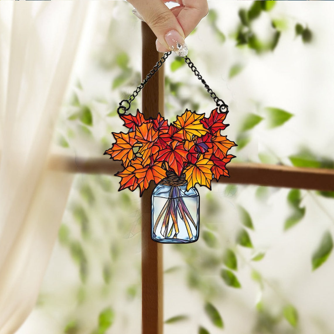 Maple Leaves Autumn in Mason Jar Suncatcher, Maple Leaves Hanging Ornament