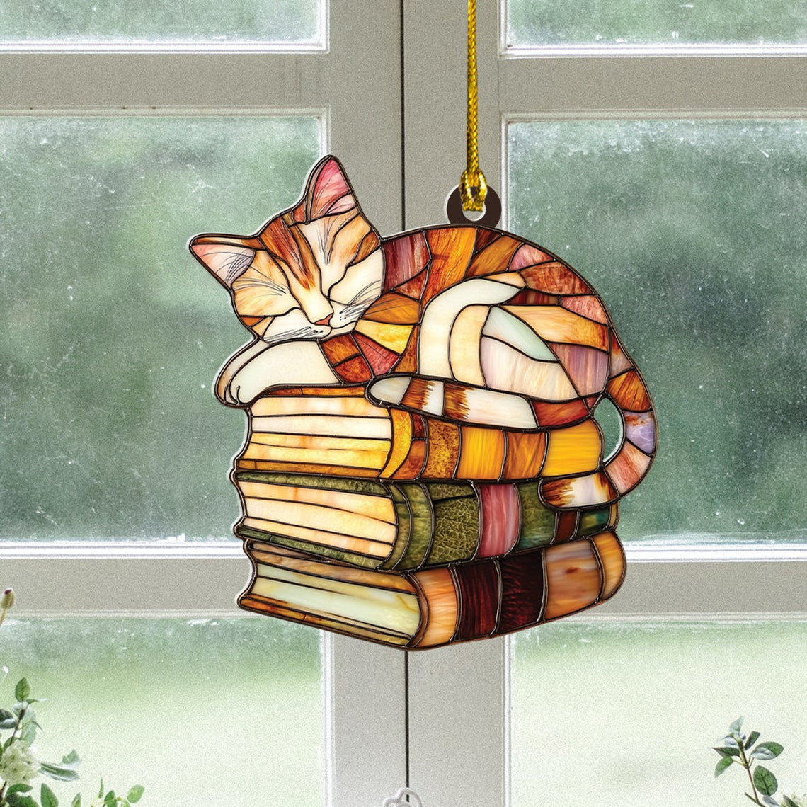 Cat Sleeping on Books Window Hanging Suncatcher, Cute Cat and Books Hanging Decor Gift