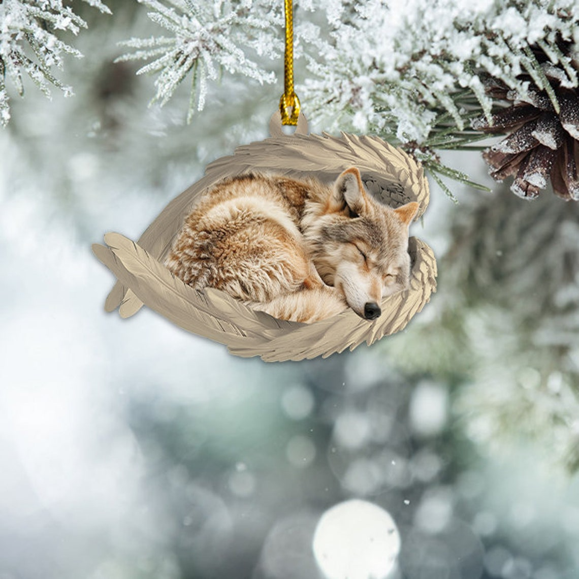 Wolf Sleeping Angel Sleeping Christmas Ornament, Cute Wolf Car Christmas Ornament Holiday Gift