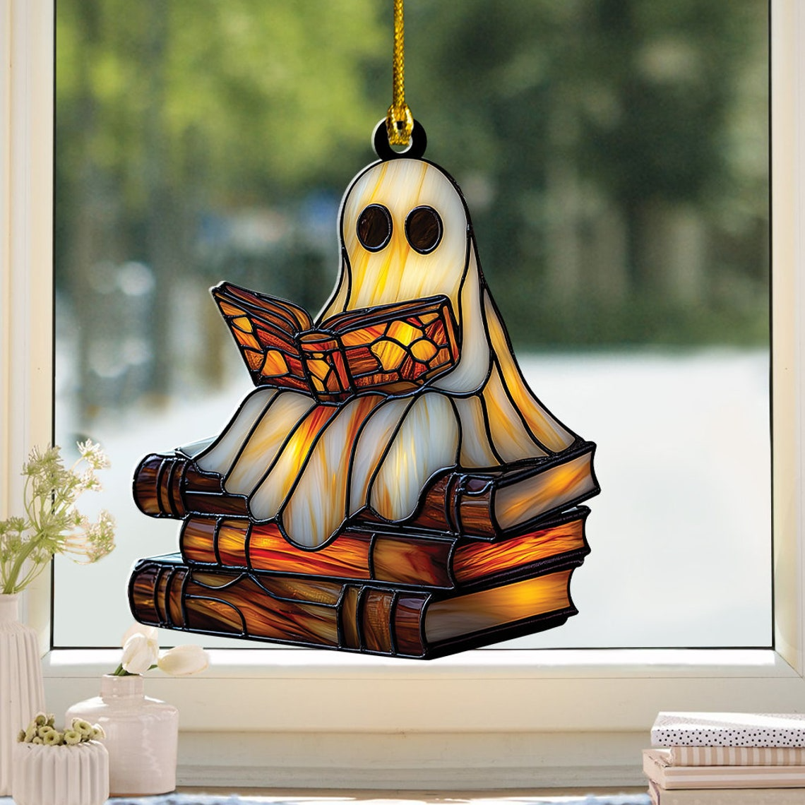 Cute Ghost Reading Book Hanging Ornament, Cute Ghost Hanging Ornament