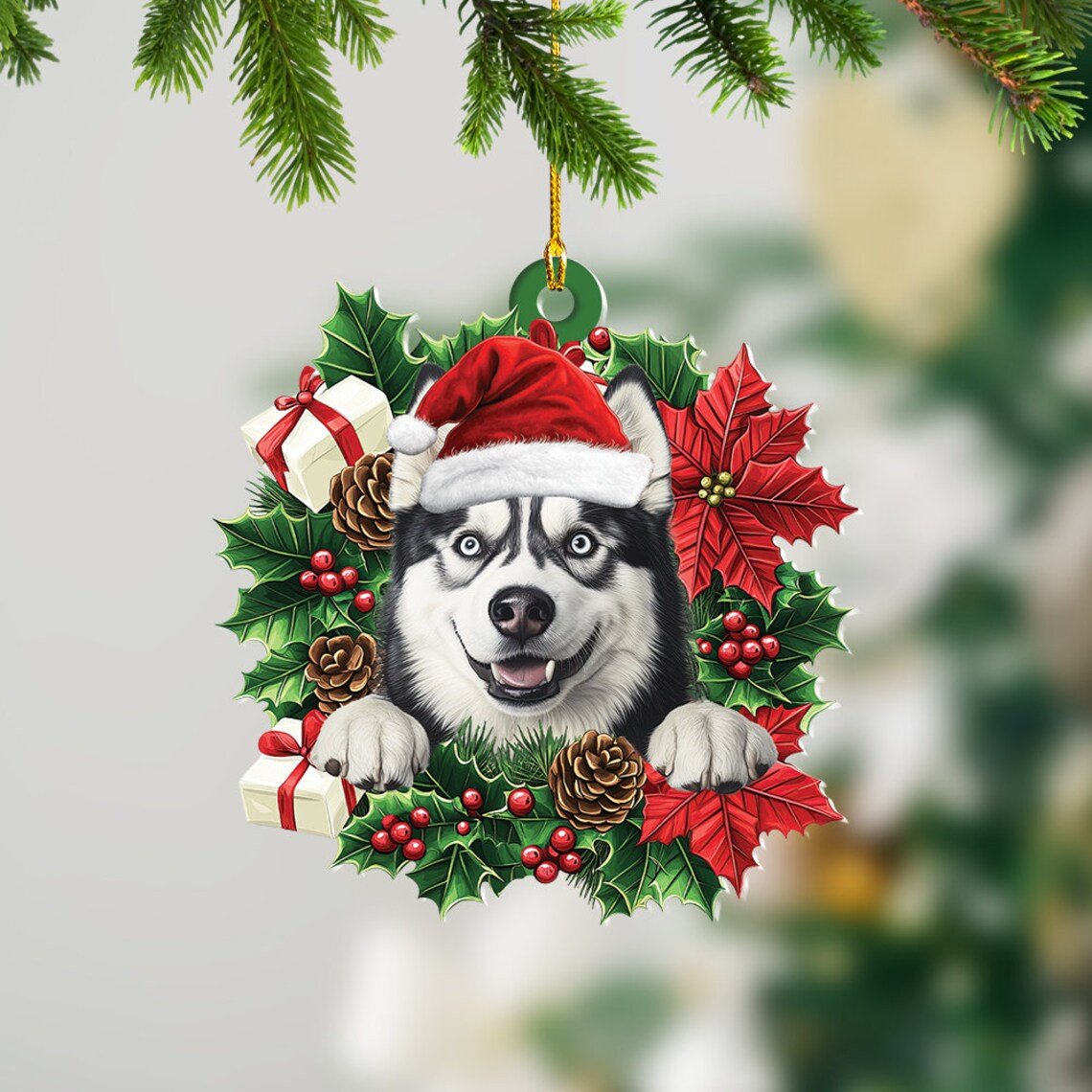 Dog Hanging Christmas Wreath Ornament, Siberian Husky Dog Christmas Ornament Decor Gift