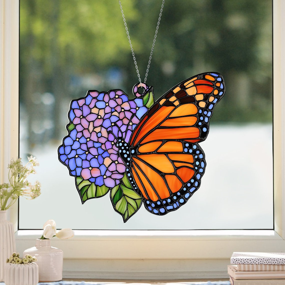 Hydrangea Butterfly Hanging Suncatcher, Monarch Butterfly Flower Acrylic Window Hanging Decor