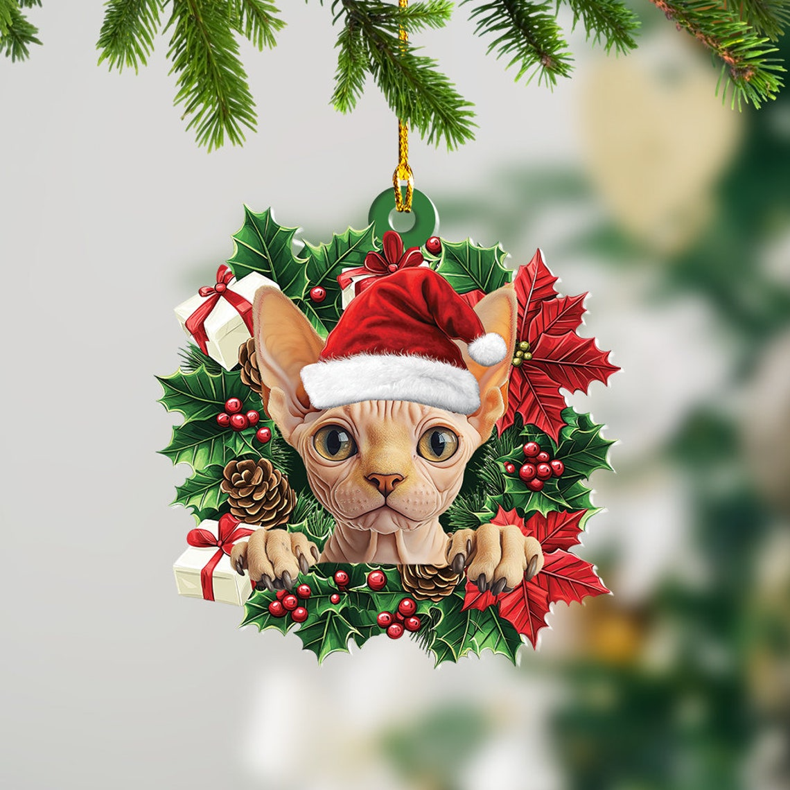 Sphynx Cat Hanging Christmas Wreath Ornament, Sphynx Cat Christmas Ornament Decor Holiday Gift