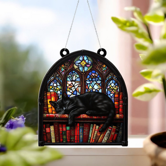 Cat Sleeping on Books Ornament Suncatcher, Pet Lovers Hanging Ornament Decor