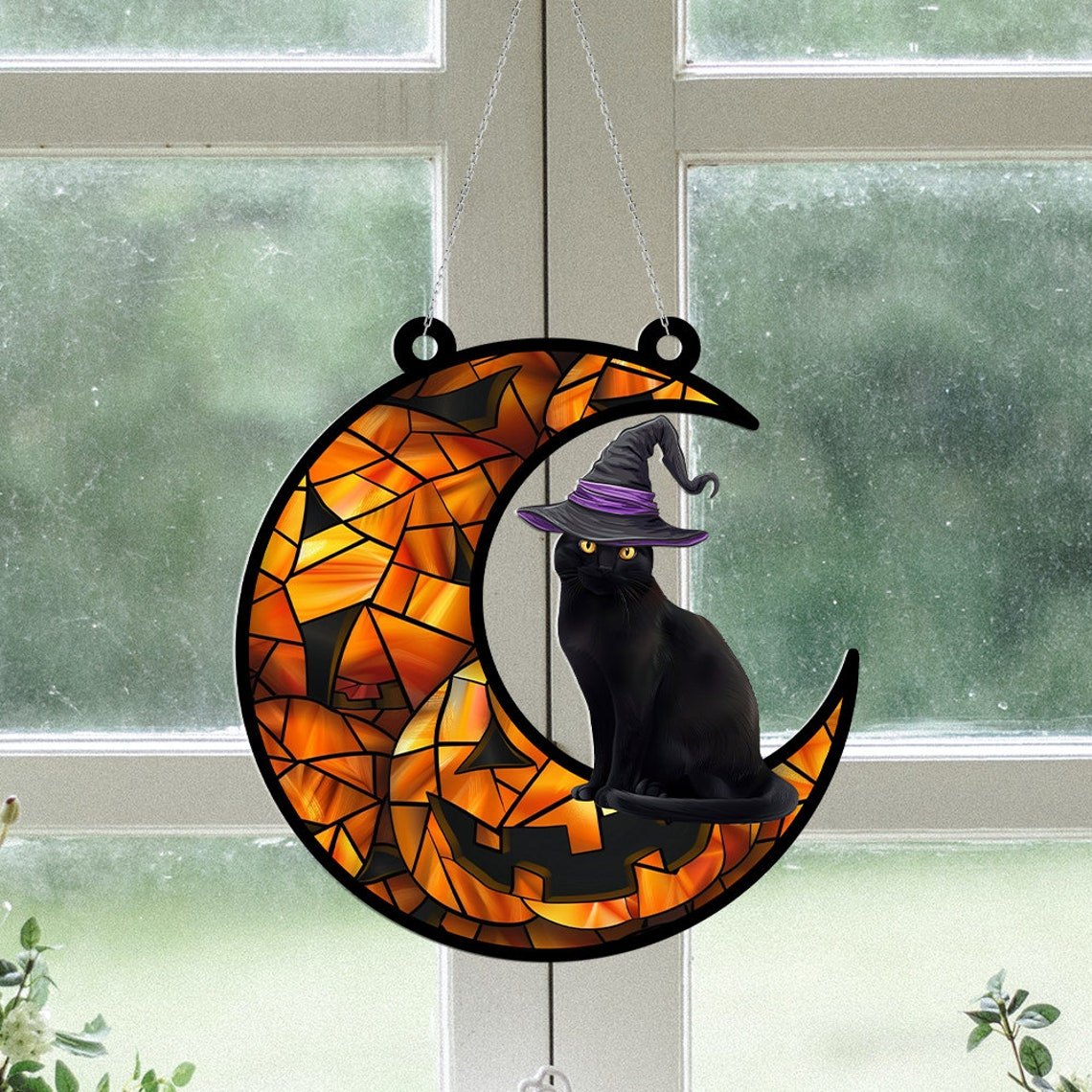 Cat Halloween Moon Window Hanging Suncatcher, Halloween Cat Pumpkin Ornament