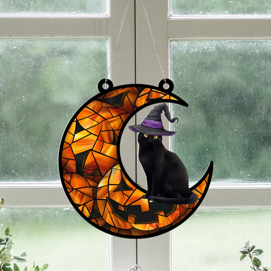 Cat Halloween Moon Window Hanging Suncatcher, Halloween Cat Pumpkin Ornament