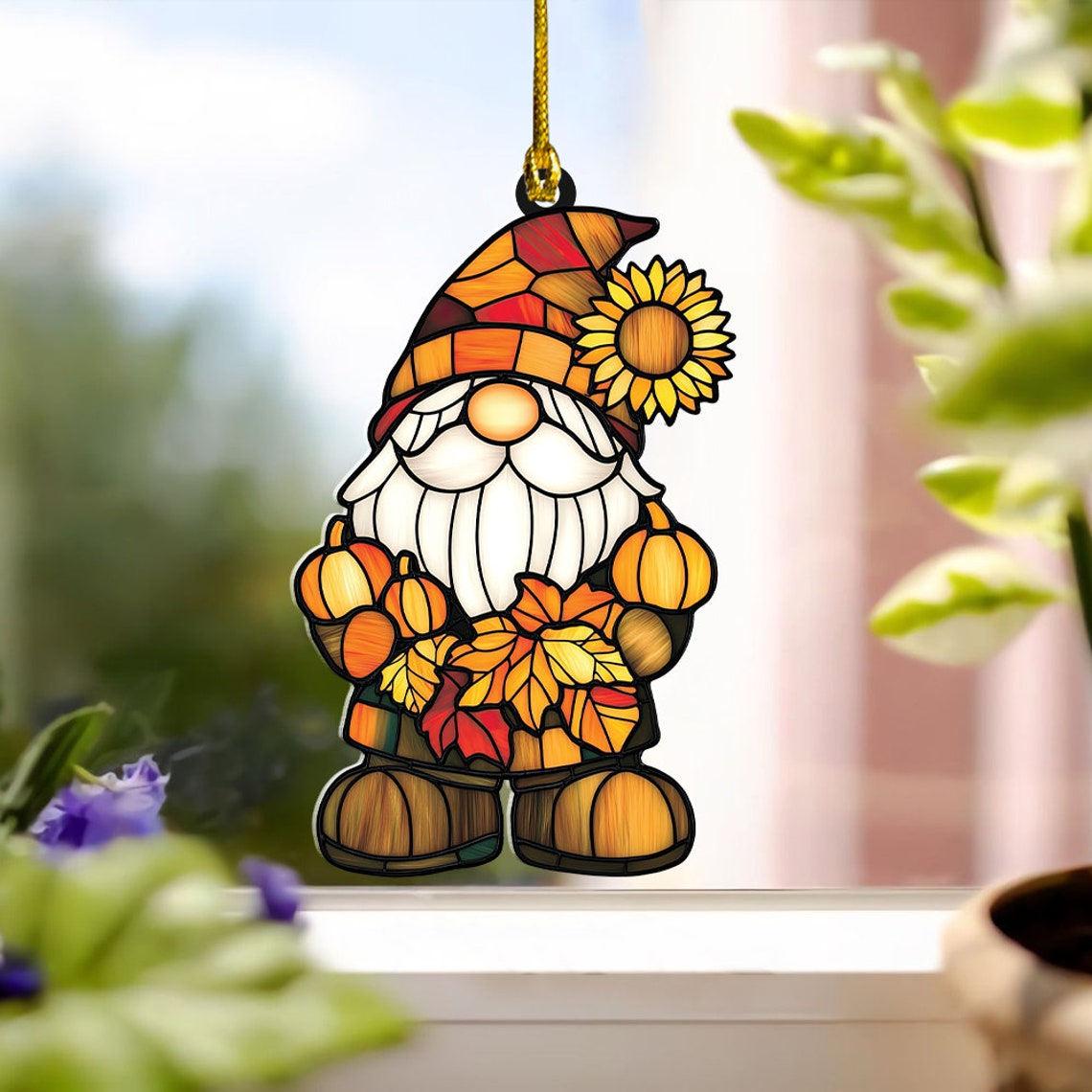 Gnome Autumn Suncatcher, Gnome Pumpkin Hanging Ornament