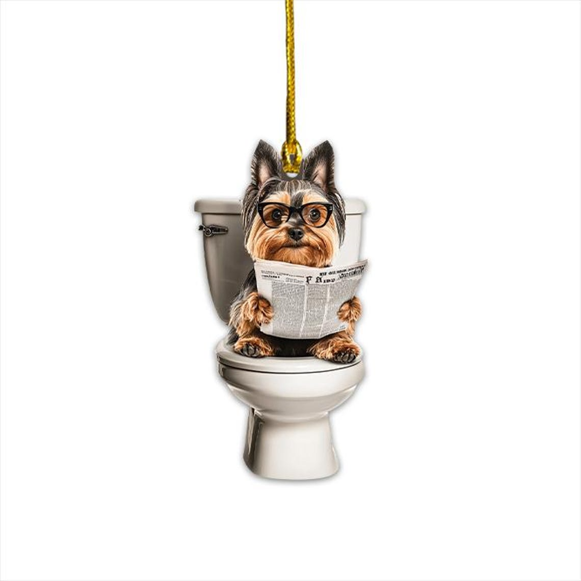 Christmas Yorkshire Terrier Dog Sitting On Toilet Ornament, Yorkie Dog Reading Newspaper Ornament