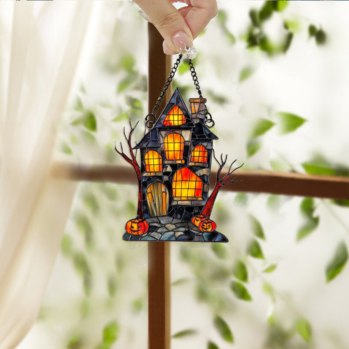 Spooky Haunted House Hanging Suncatcher, Halloween Suncatcher Ornament