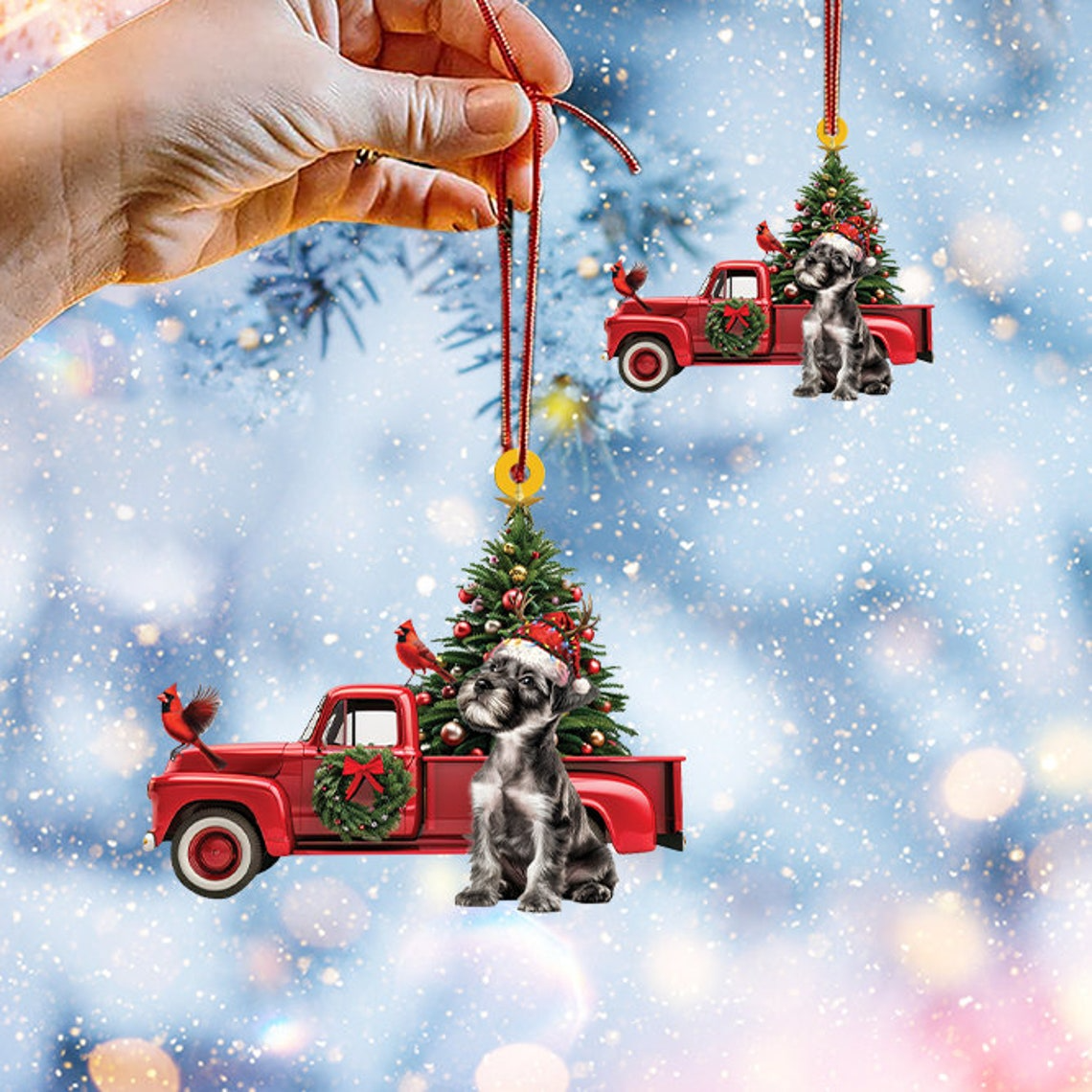 Miniature Schnauzer Dog And Red Truck Ornament, Schnauzer Dog Hanging Christmas Ornament Gift