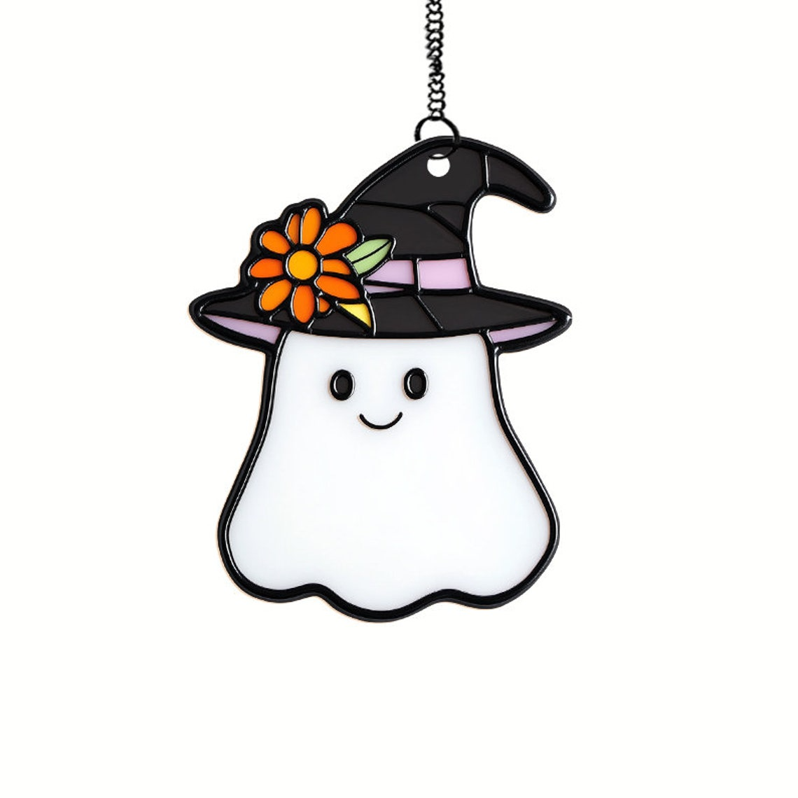 Cute Ghost With Floral Witch Hat Black Suncatcher, Cute Ghost Window Hanging Decor