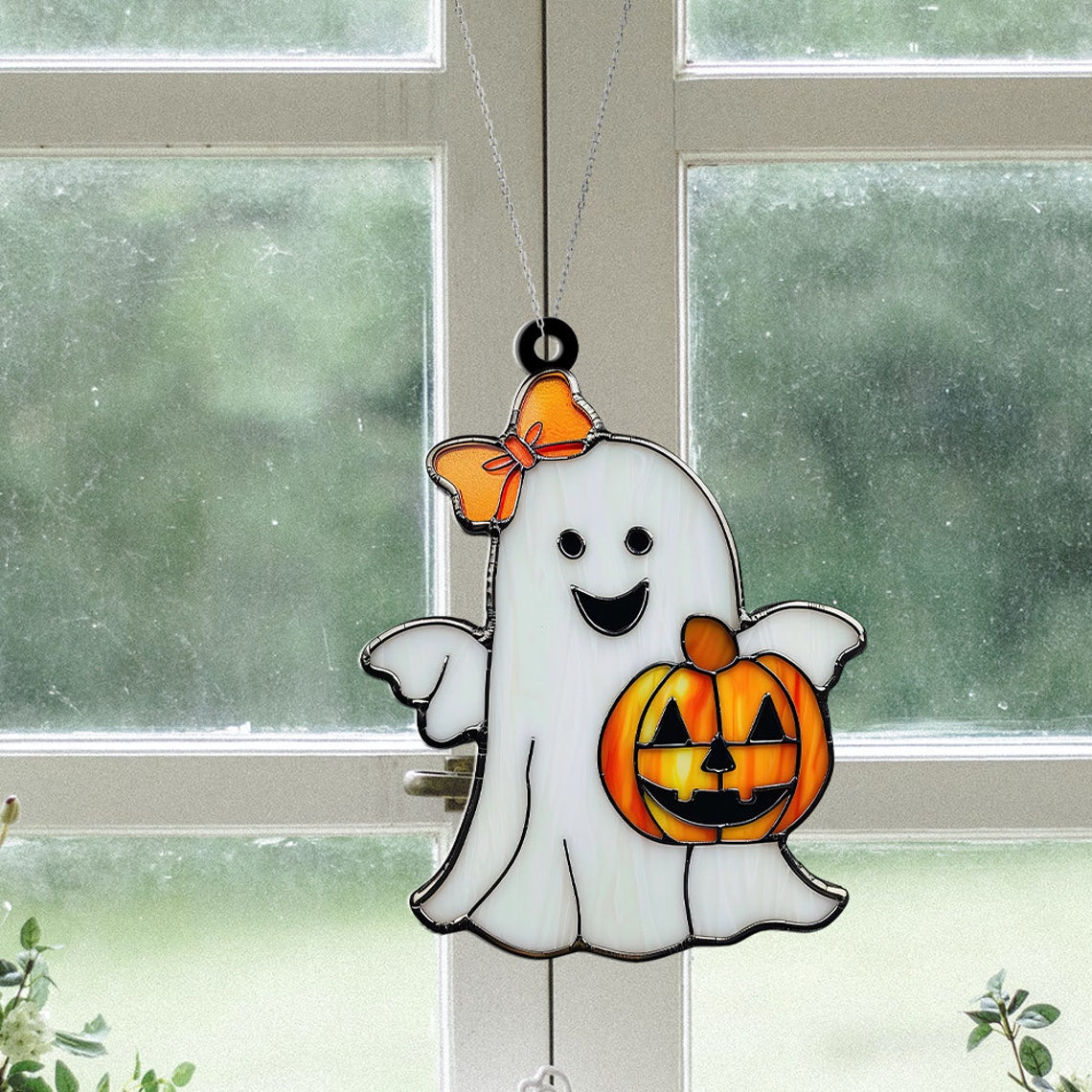 Cute Ghost And Bow Pumpkin Halloween Suncatcher, Cute Ghost Hanging Decor Home