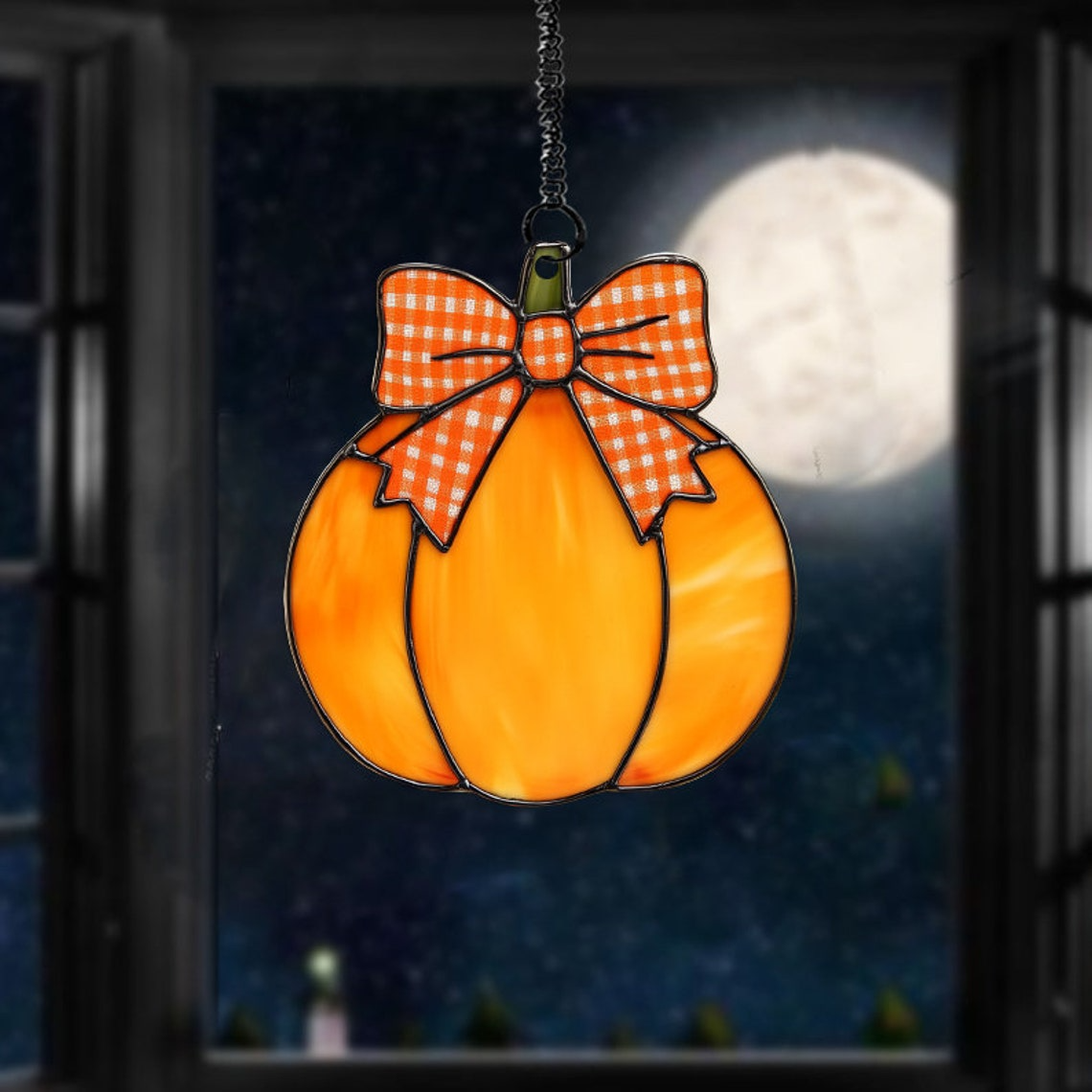 Pumpkin and Red Bow Suncatcher Decor, Pumpkin Suncatcher Ornament