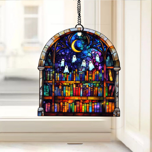 Spooky Ghost in Library Suncatcher, Spooky Ghost in Library in The Night Hanging Decor