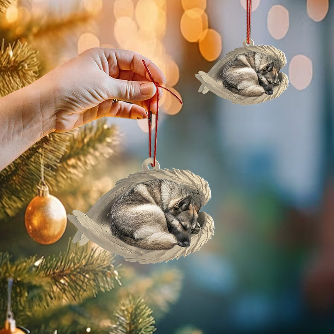 Norwegian Elkhound Dog Sleeping Angel Wings Ornament, Cute Elkhound Dog Christmas Ornament Gift