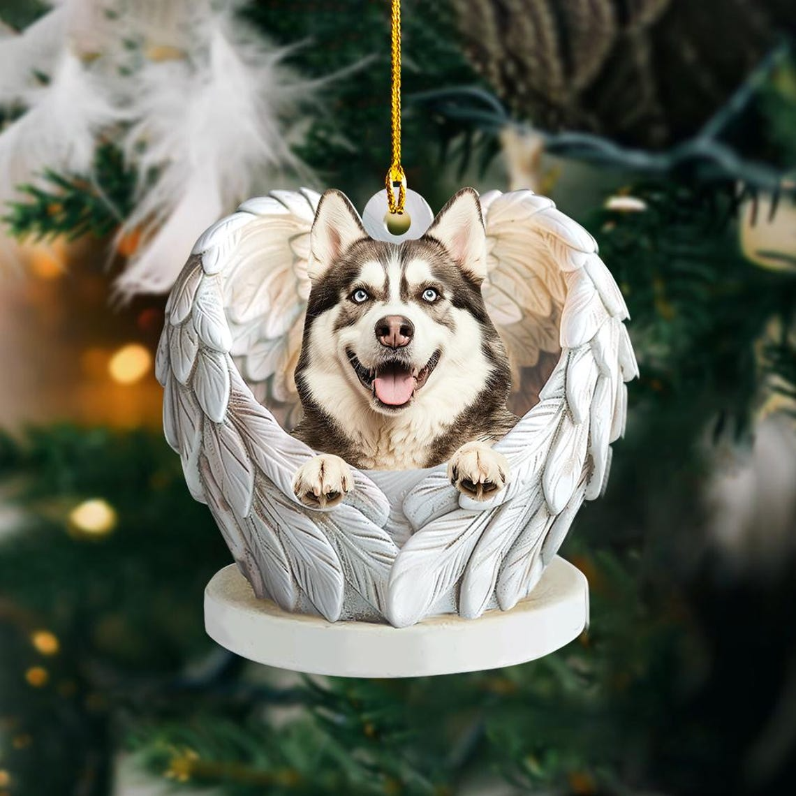 Cute Alaskan Malamute Dog Angel Wings Ornament, Christmas Alaskan Dog Flat Hanging Decor Ornament