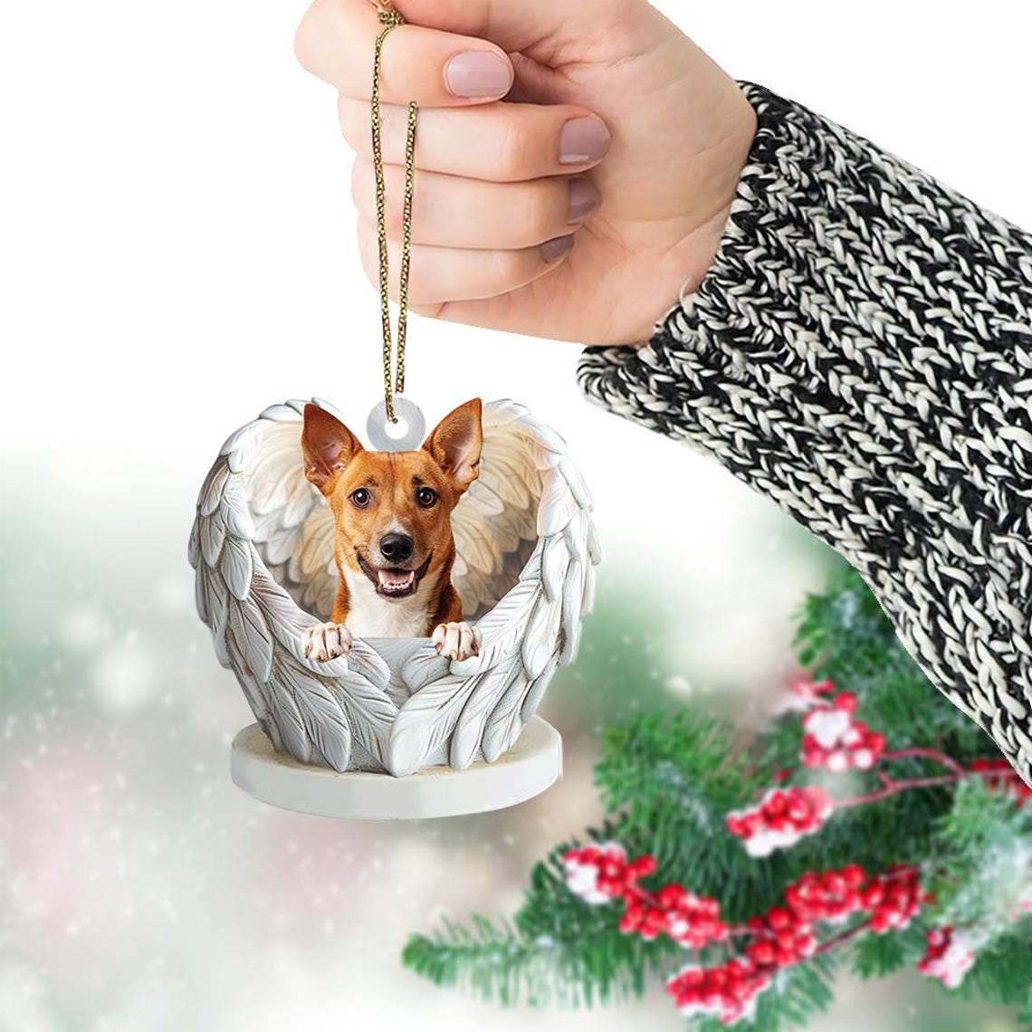 Christmas Basenji Dog Angel Wings Ornament, Cute Basenji Dog Flat Hanging Christmas Ornament