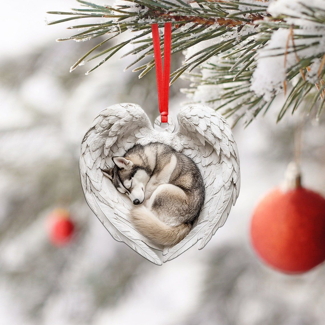 Lovely Husky Dog Sleeping Angel Wings Ornament, Dog Hanging Christmas Ornament Gift