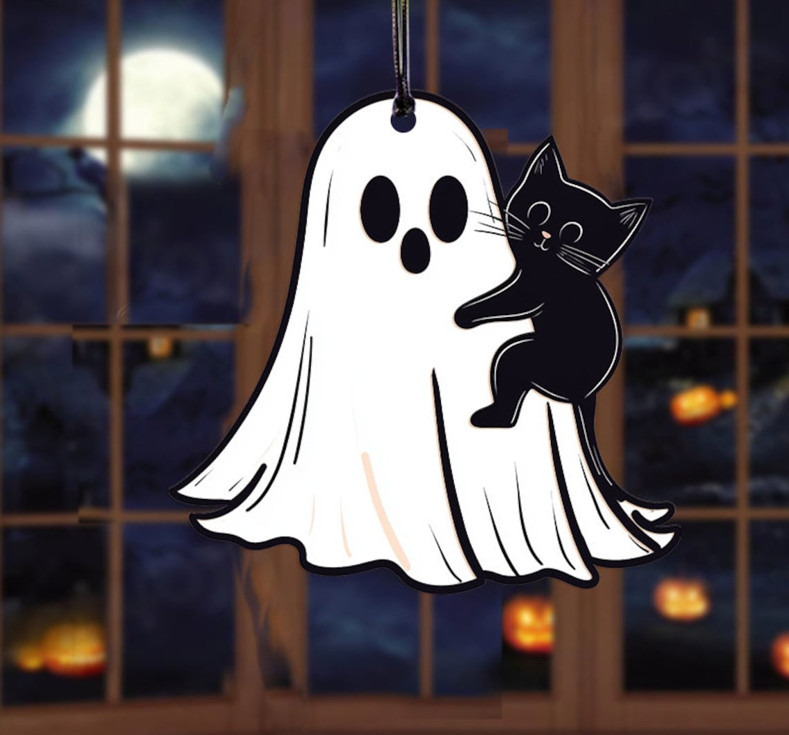 Halloween Cute Ghost And Black Cat Suncatcher Decor, Cute Ghost Hanging Ornament Home Decor