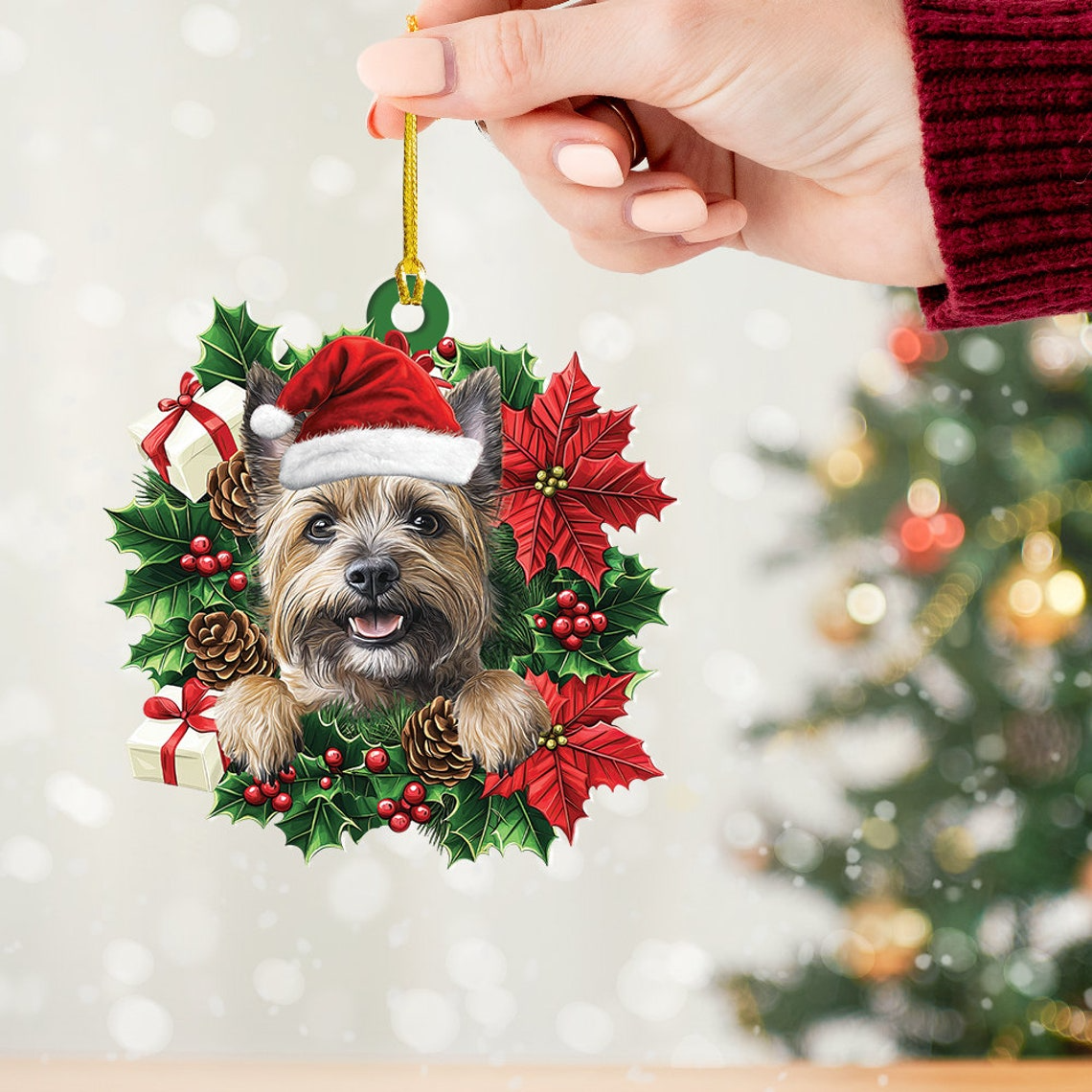 Cute Cairn Terrier Dog Christmas Wreath Ornament, Cairn Terrier Dog Hanging Christmas Ornament