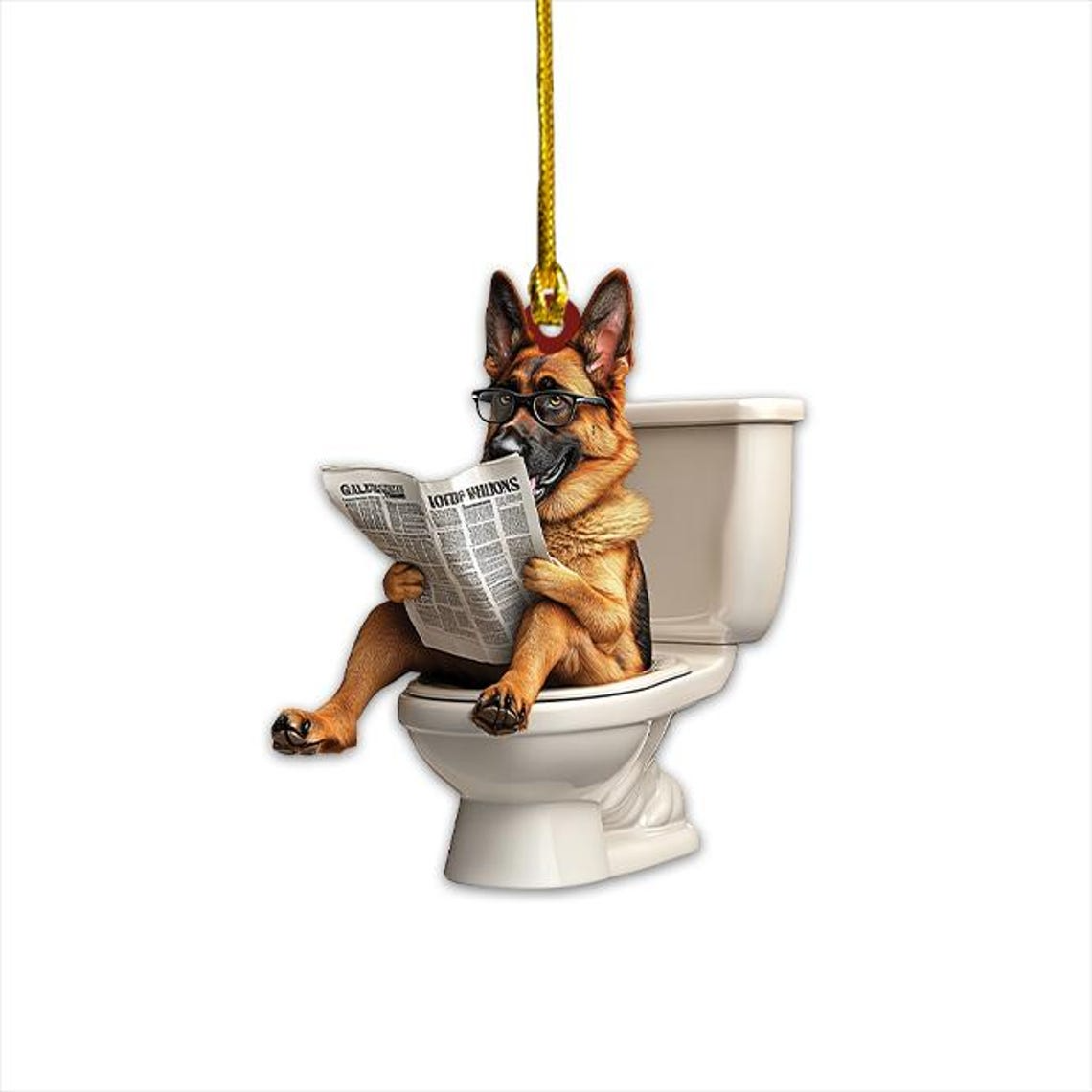 German Shepherd Dog Sitting On Toilet Ornament, Shepherd Dog Reading Newspaper Ornament