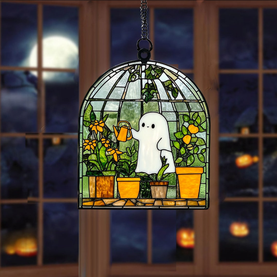 Cute Ghost Hanging Ornament, Ghost at Greenhouse Halloween Suncatcher Decor