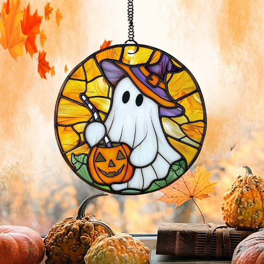 Ghost Witch Drink Pumpkin Suncatcher Ornament, Halloween Cute Ghost Ornament Gift