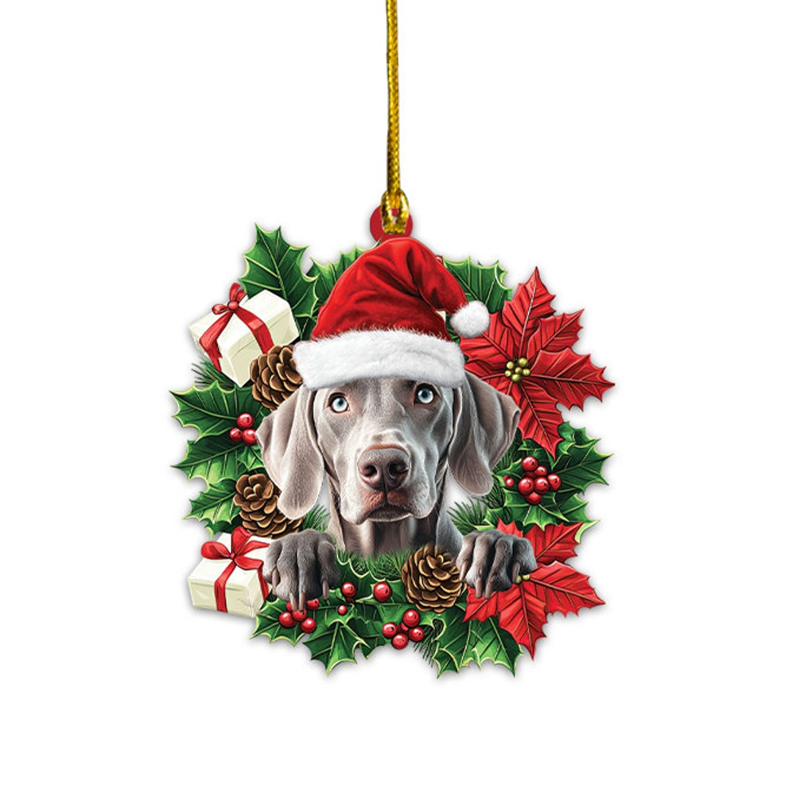 Weimaraner Dog Christmas Wreath Ornament, Weimaraner Dog Hanging Christmas Ornament