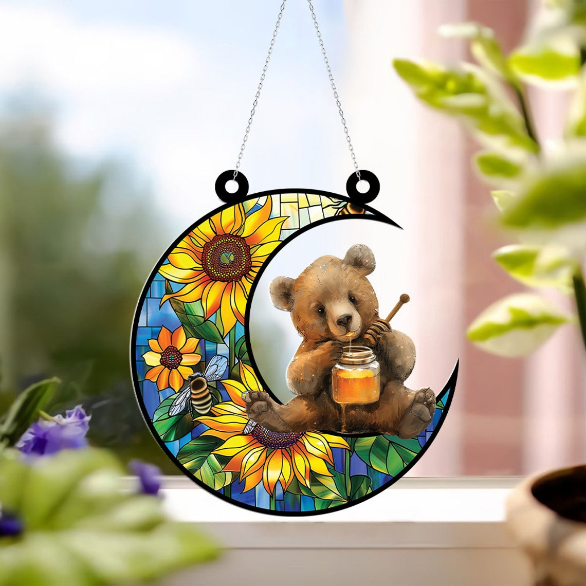 Cute Bear with Jar of Honey Hanging Suncatcher, Bear On Moon Window Hanging Ornament