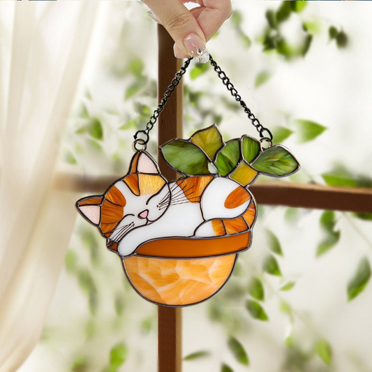 Cat Sleeping on Flower Pot Suncatcher, Cat on Flower Pot Hanging Decor