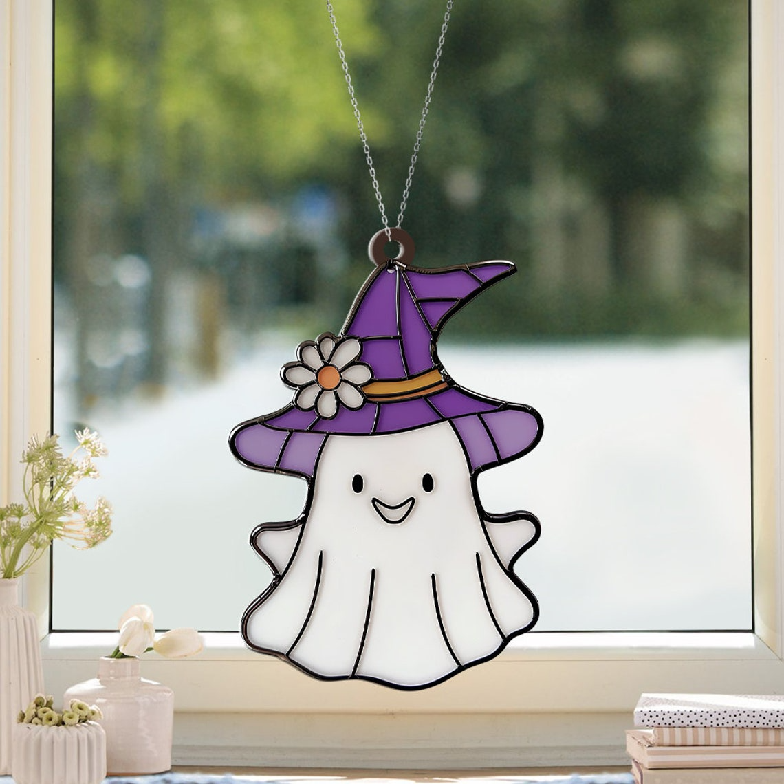 Cute Ghost Witch Funny Halloween Suncatcher, Halloween Witch Boo Hanging Ornament