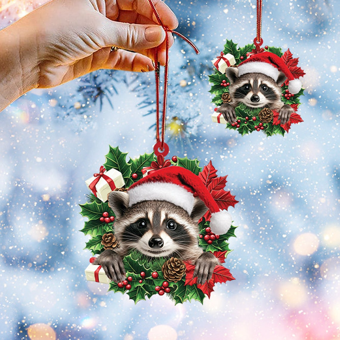 Raccoon Christmas Tree Wreath Ornament, Raccoon Hat Santa Hanging Christmas Ornament