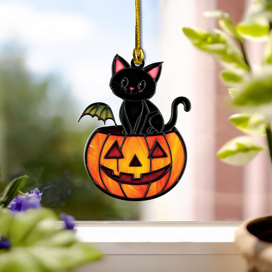 Cat Sitting on Pumpkin Suncatcher Ornament, Halloween Cat Sitting on Pumpkin Home Decor