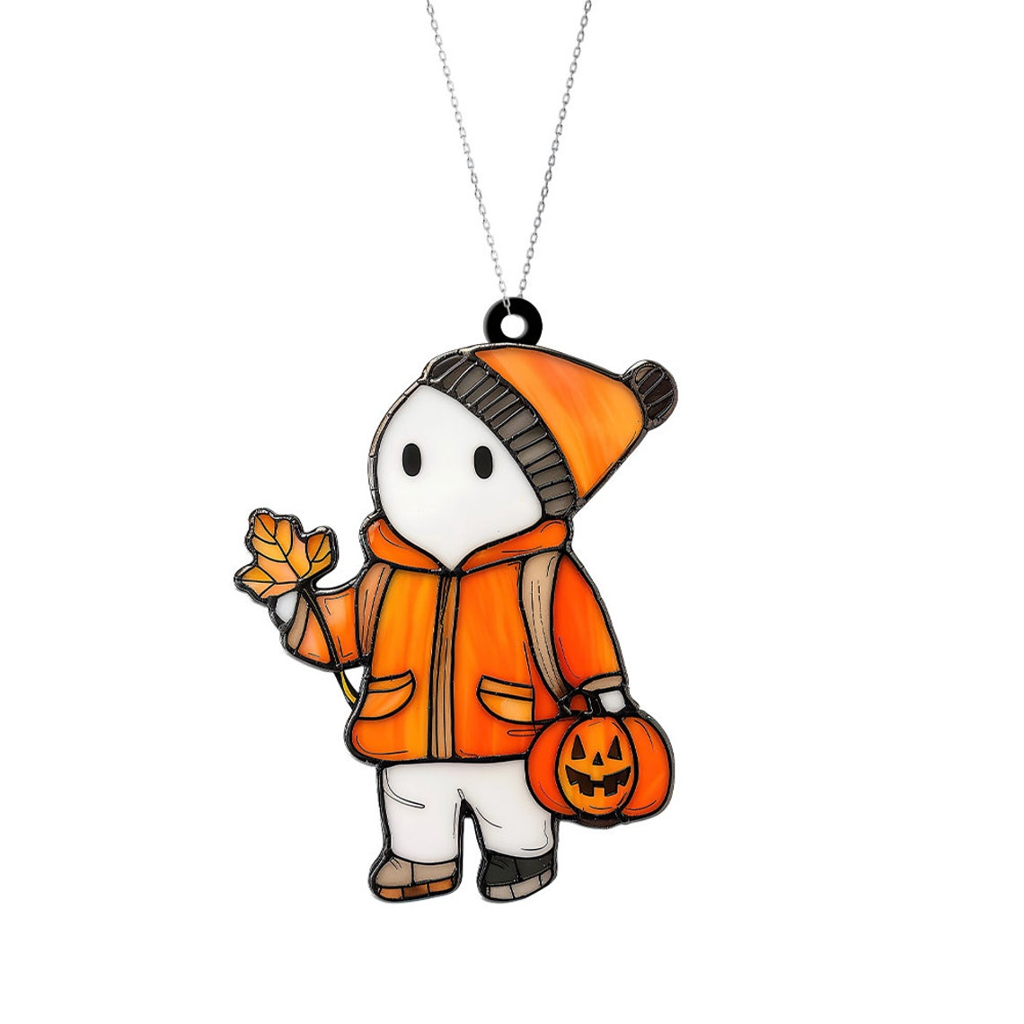 Ghost with Leaves Fall and Pumpkins Halloween Suncatcher, Halloween Cute Ghost Ornament,