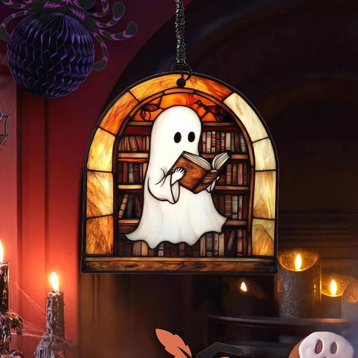 Cute Ghost Reading Book Halloween Stained Glass, Cute Ghost Suncatcher Decor